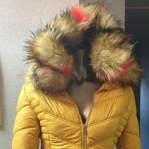 Women's Mustard Puffer Jacket with Faux Fur Hood